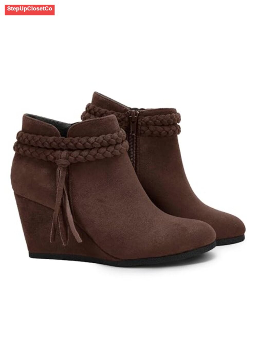 Faux Suede Wedge Ankle Boots Braided Fringe Strap Western Heeled Fall Booties